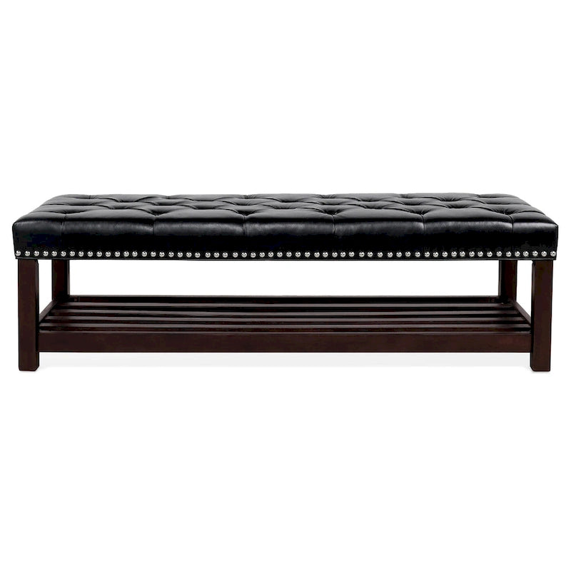 Banc de bout de lit capitonné avec garniture cloutée et étagère de rangement
