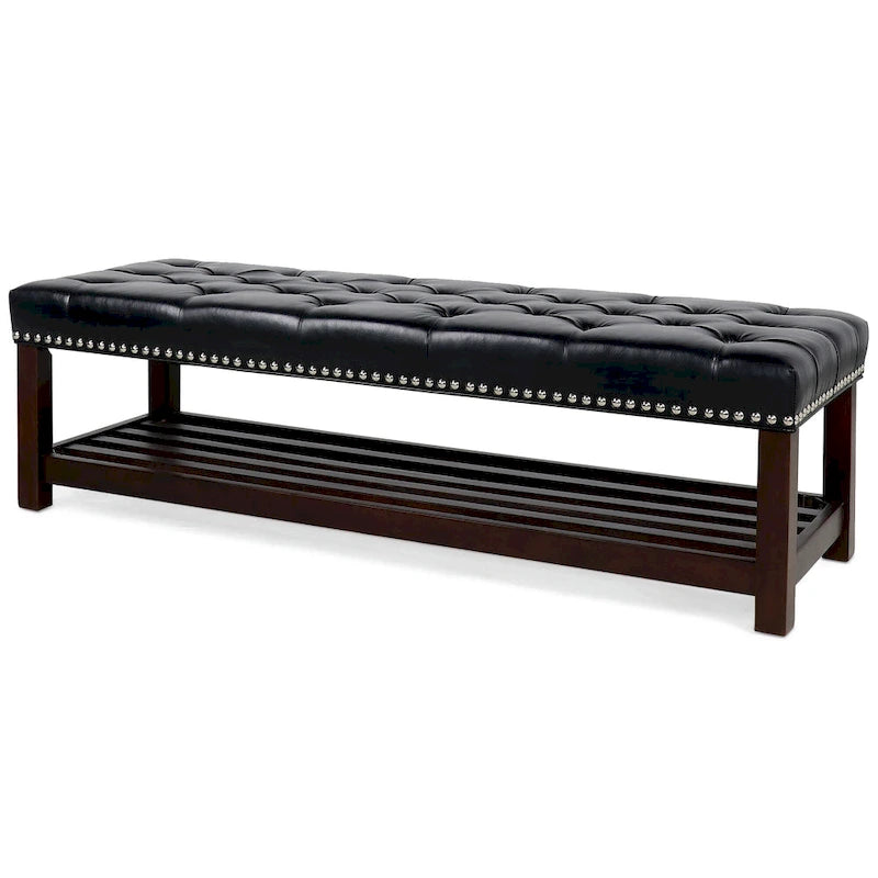 Banc de bout de lit capitonné avec garniture cloutée et étagère de rangement