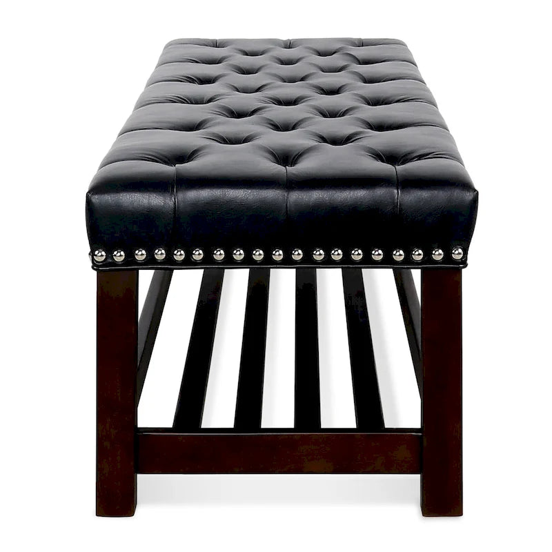 Banc de bout de lit capitonné avec garniture cloutée et étagère de rangement