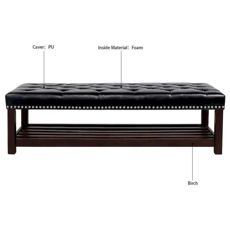 Banc de bout de lit capitonné avec garniture cloutée et étagère de rangement