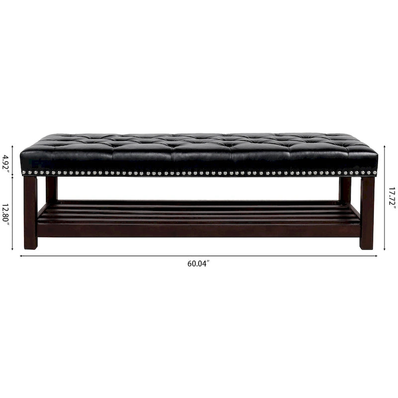Banc de bout de lit capitonné avec garniture cloutée et étagère de rangement