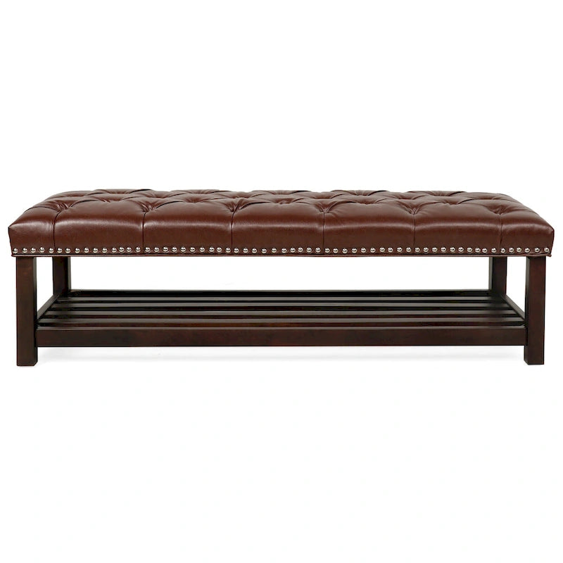 Banc de bout de lit capitonné avec garniture cloutée et étagère de rangement