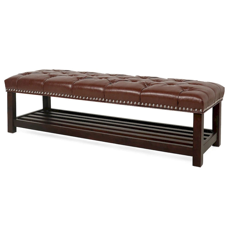 Banc de bout de lit capitonné avec garniture cloutée et étagère de rangement