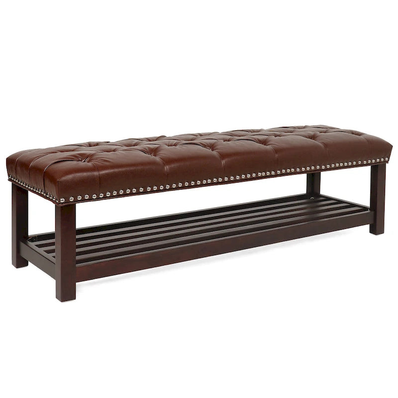 Banc de bout de lit capitonné avec garniture cloutée et étagère de rangement