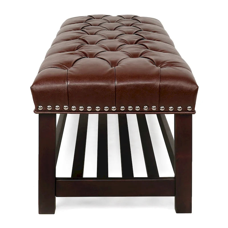 Banc de bout de lit capitonné avec garniture cloutée et étagère de rangement
