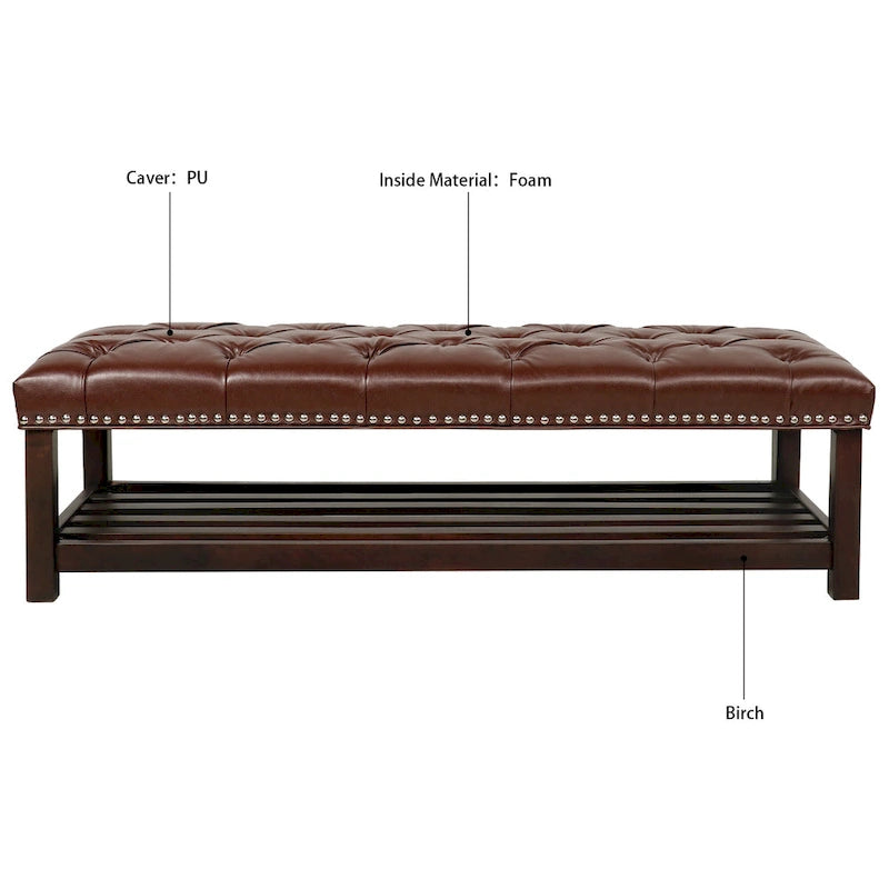 Banc de bout de lit capitonné avec garniture cloutée et étagère de rangement