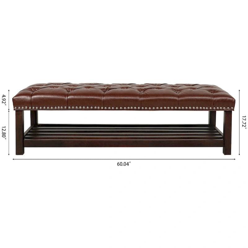Banc de bout de lit capitonné avec garniture cloutée et étagère de rangement