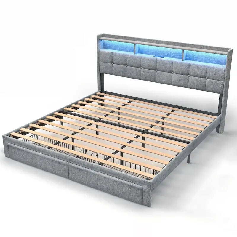 Cadre de lit plateforme King Size avec éclairage LED et tête de lit de chargement USB