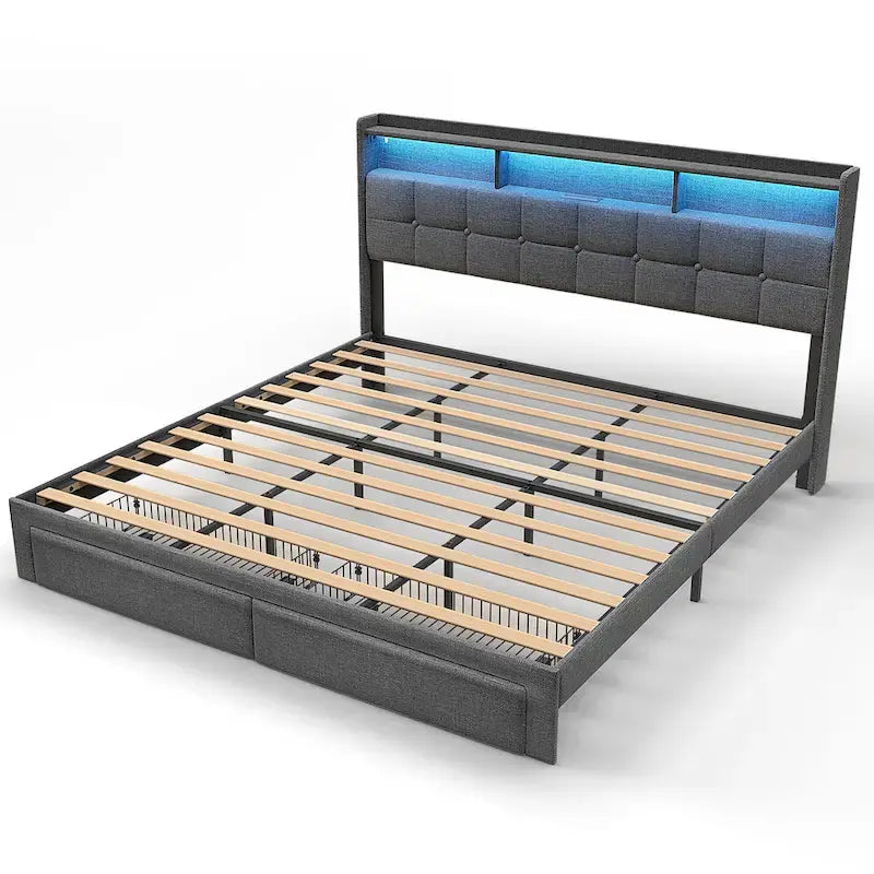 Cadre de lit plateforme King Size avec éclairage LED et tête de lit de chargement USB