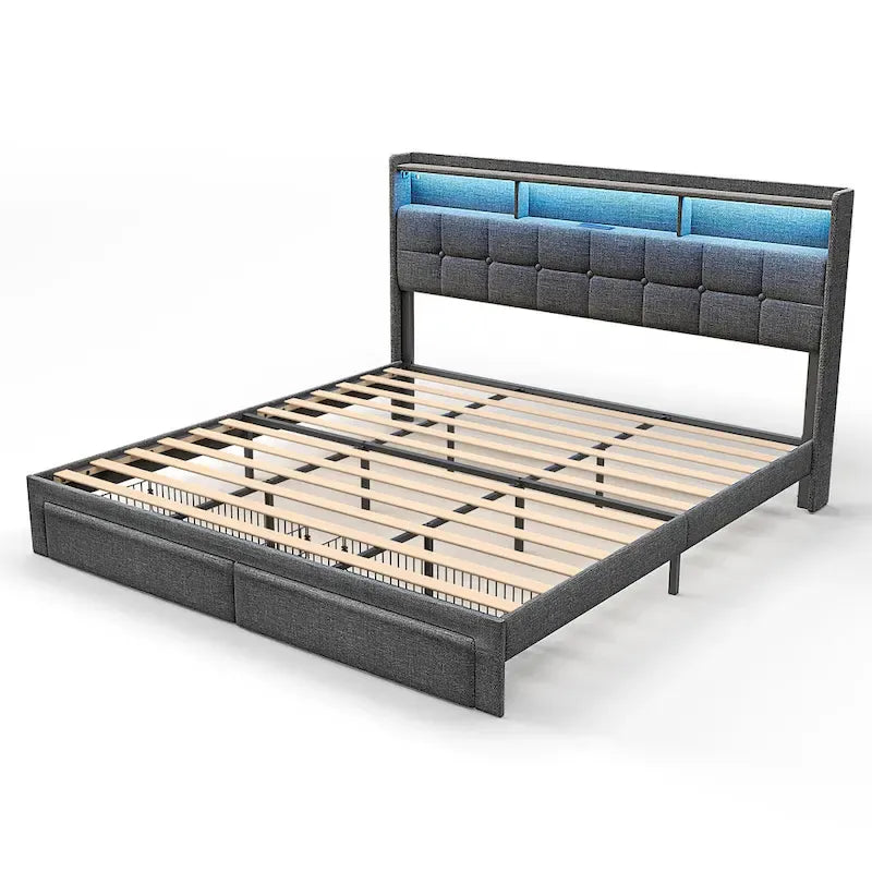 Cadre de lit plateforme King Size avec éclairage LED et tête de lit de chargement USB