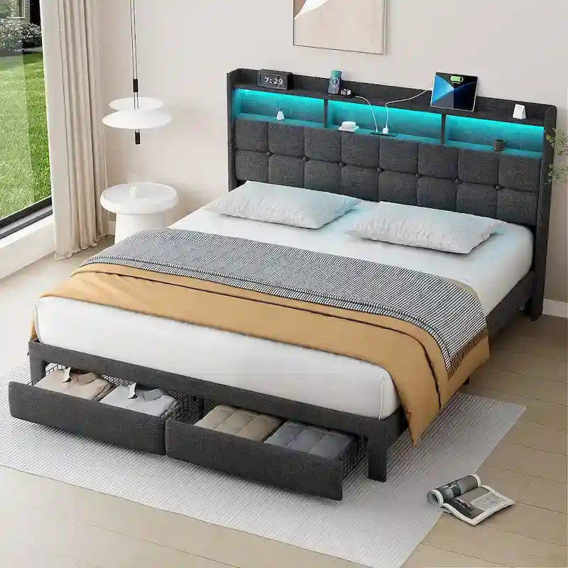 Cadre de lit plateforme King Size avec éclairage LED et tête de lit de chargement USB