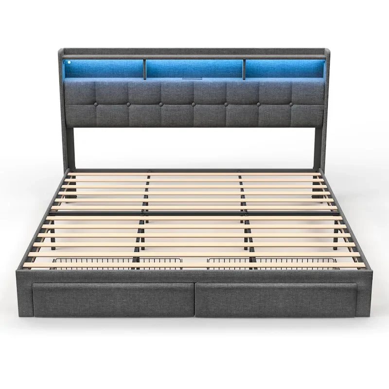 Cadre de lit plateforme King Size avec éclairage LED et tête de lit de chargement USB