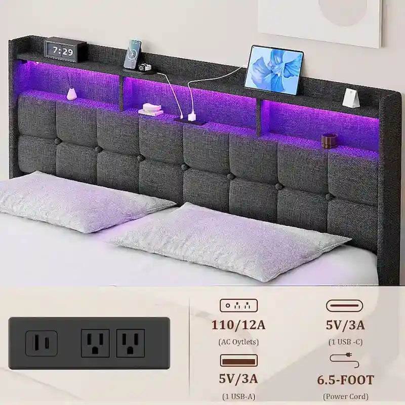 Cadre de lit plateforme King Size avec éclairage LED et tête de lit de chargement USB