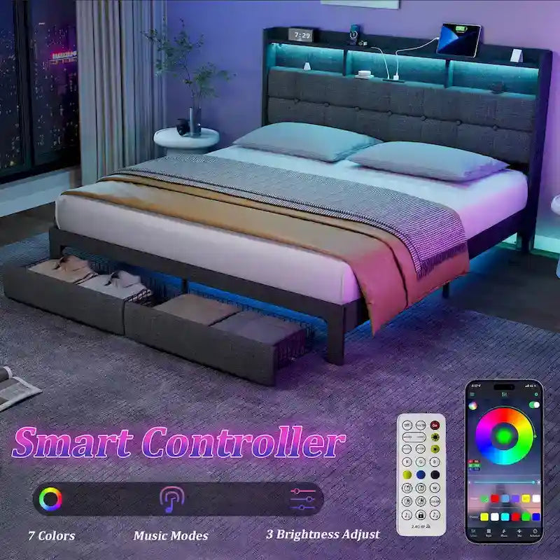 Cadre de lit plateforme King Size avec éclairage LED et tête de lit de chargement USB