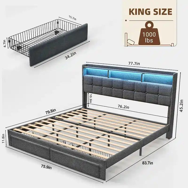 Cadre de lit plateforme King Size avec éclairage LED et tête de lit de chargement USB