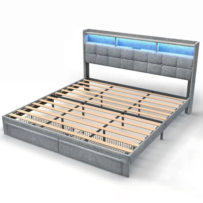 Cadre de lit plateforme King Size avec éclairage LED et tête de lit de chargement USB