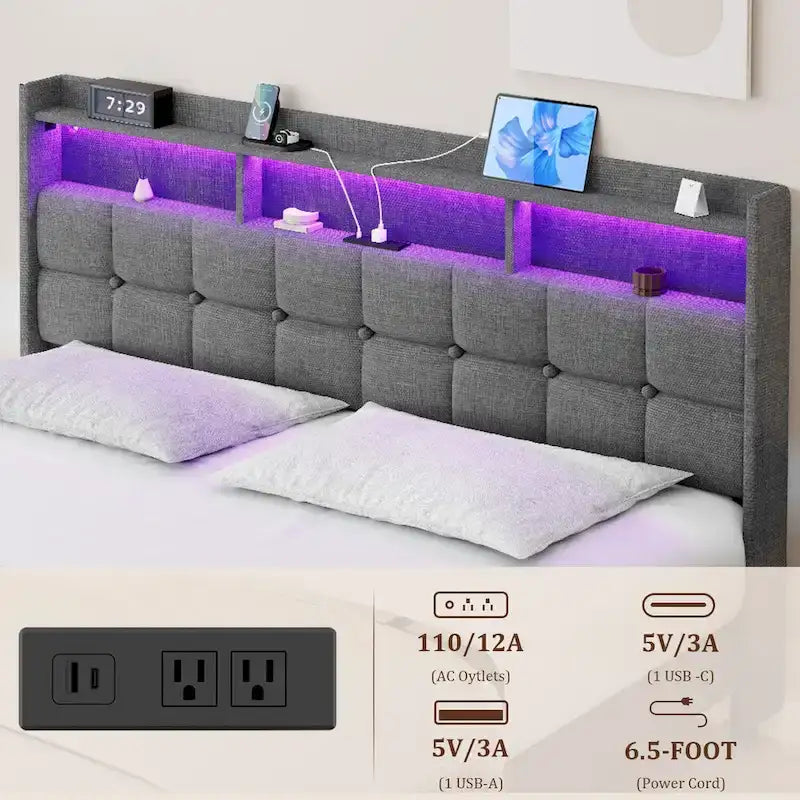 Cadre de lit plateforme King Size avec éclairage LED et tête de lit de chargement USB