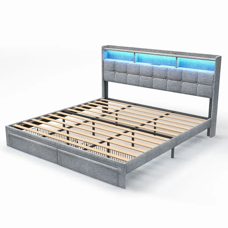 Cadre de lit plateforme King Size avec éclairage LED et tête de lit de chargement USB