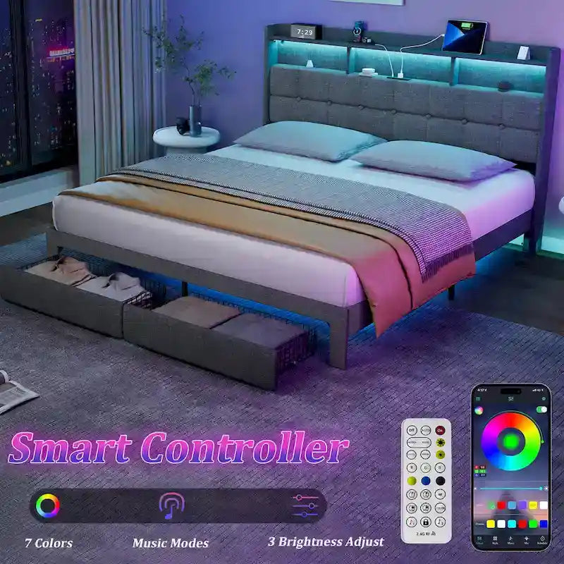 Cadre de lit plateforme King Size avec éclairage LED et tête de lit de chargement USB