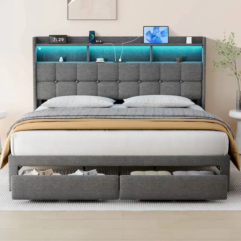 Cadre de lit plateforme King Size avec éclairage LED et tête de lit de chargement USB