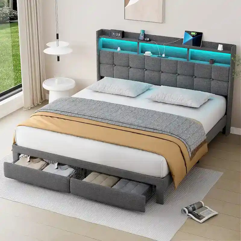 Cadre de lit plateforme King Size avec éclairage LED et tête de lit de chargement USB