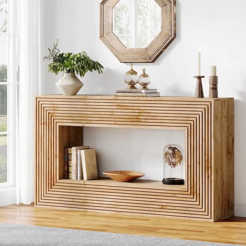 Console de 59 pouces avec design cannelé et étagère de rangement