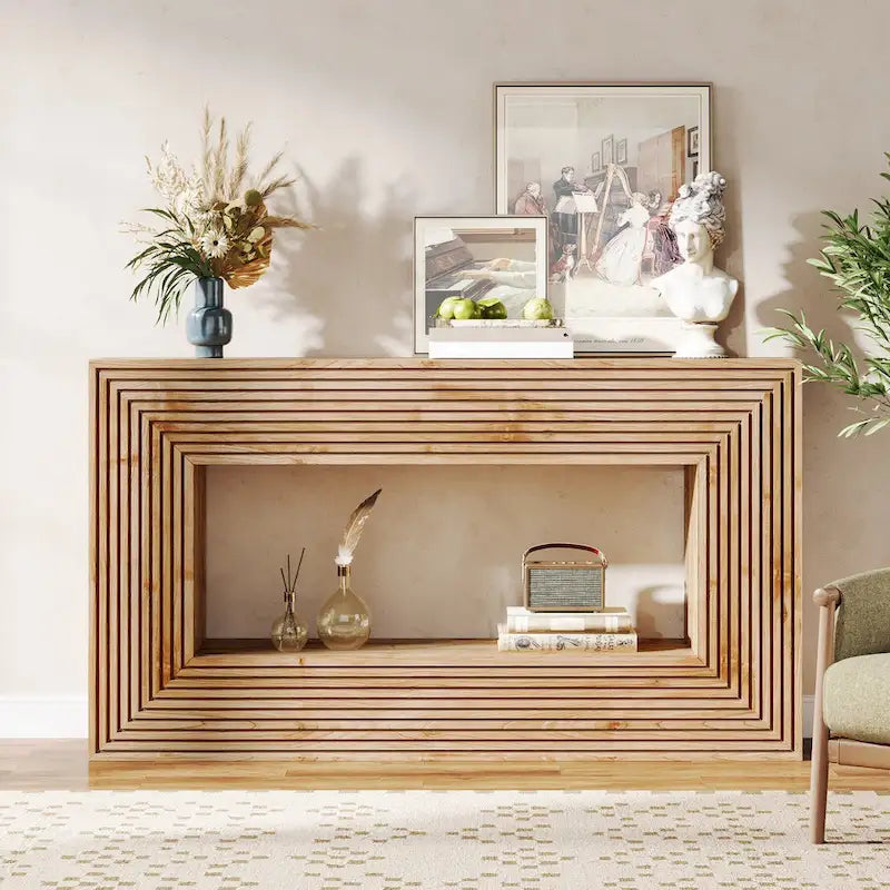Console de 59 pouces avec design cannelé et étagère de rangement