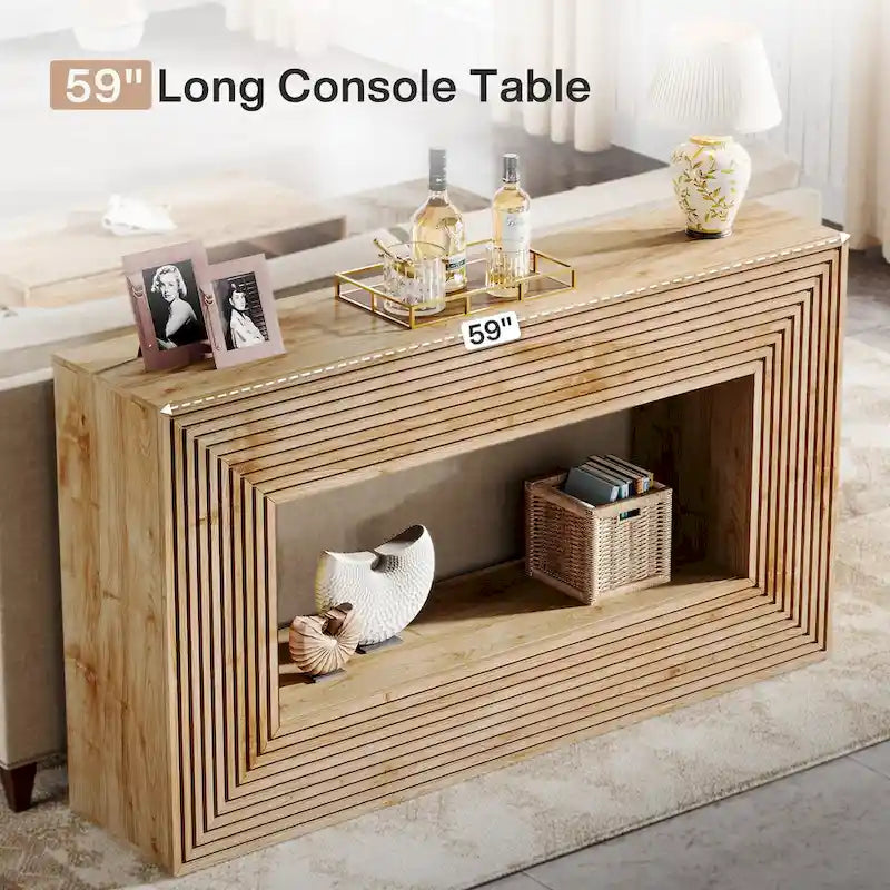 Console de 59 pouces avec design cannelé et étagère de rangement
