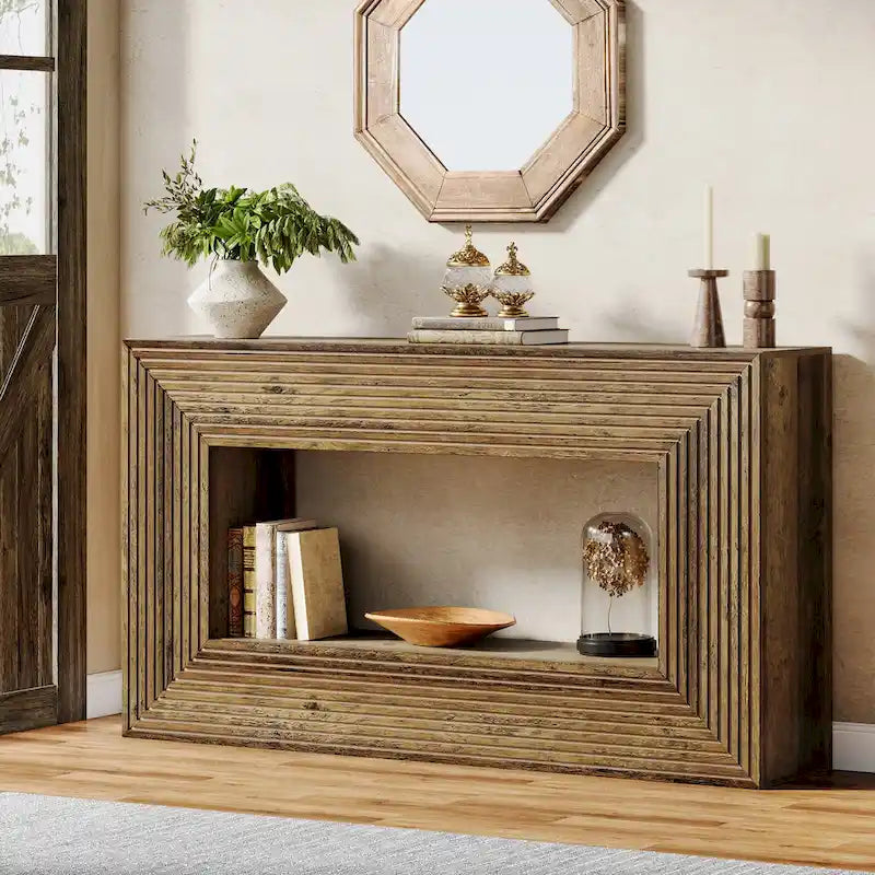 Console de 59 pouces avec design cannelé et étagère de rangement