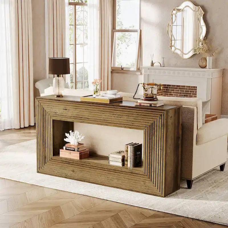 Console de 59 pouces avec design cannelé et étagère de rangement