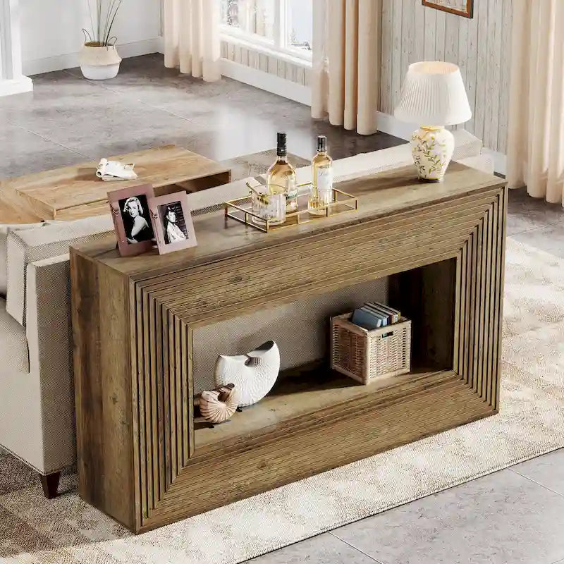 Console de 59 pouces avec design cannelé et étagère de rangement