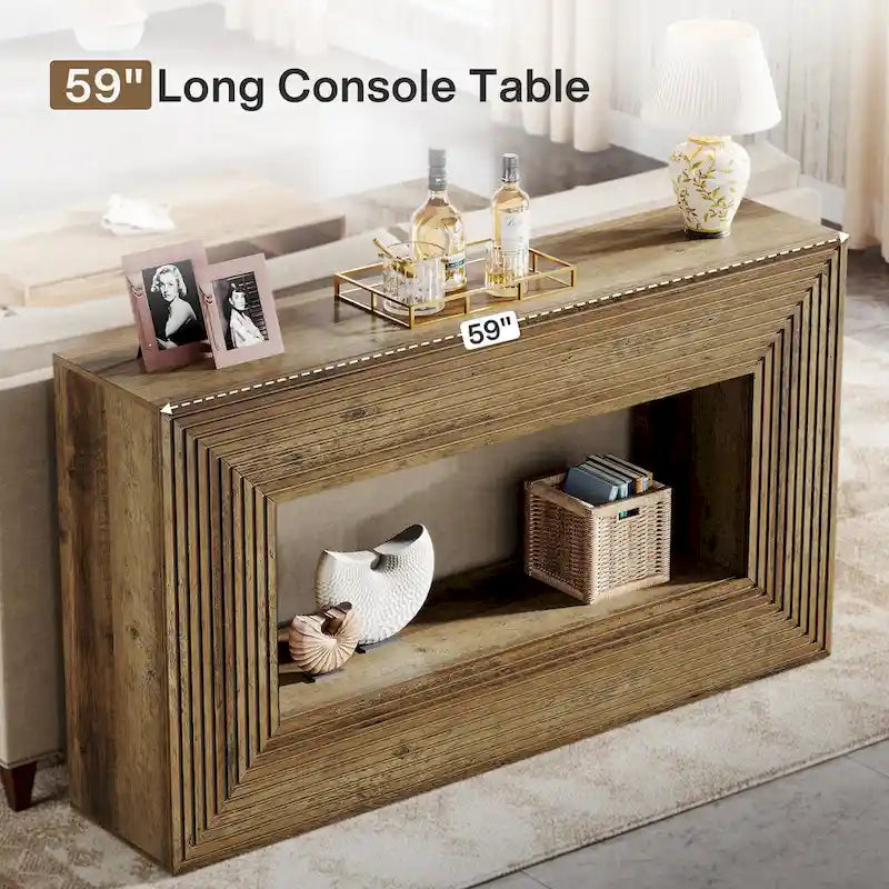 Console de 59 pouces avec design cannelé et étagère de rangement
