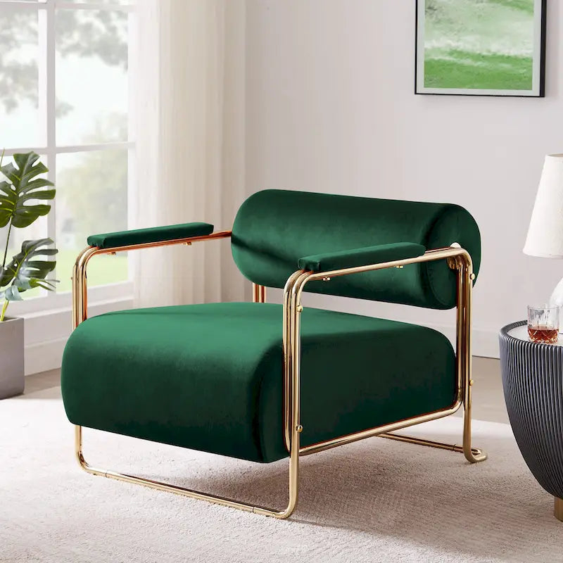 Fauteuil en velours de 79 cm de large avec dossier cylindrique et structure métallique