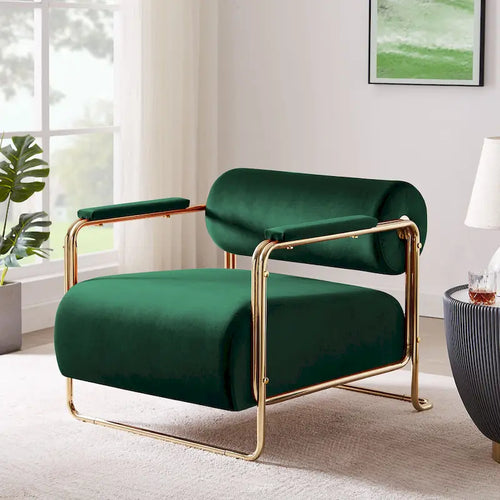 Fauteuil en velours de 79 cm de large avec dossier cylindrique et structure métallique