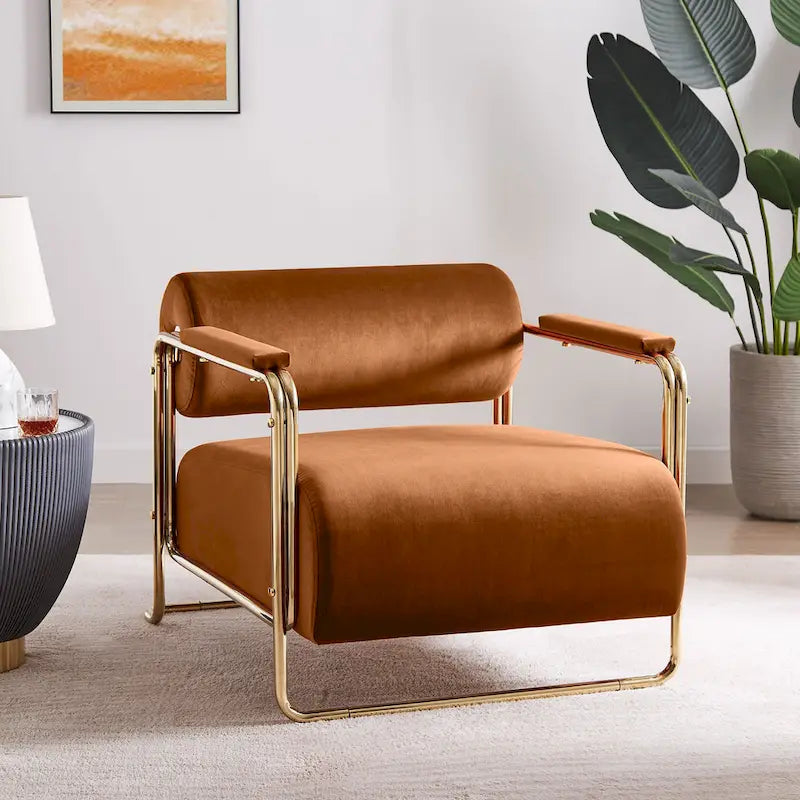 Fauteuil en velours de 79 cm de large avec dossier cylindrique et structure métallique