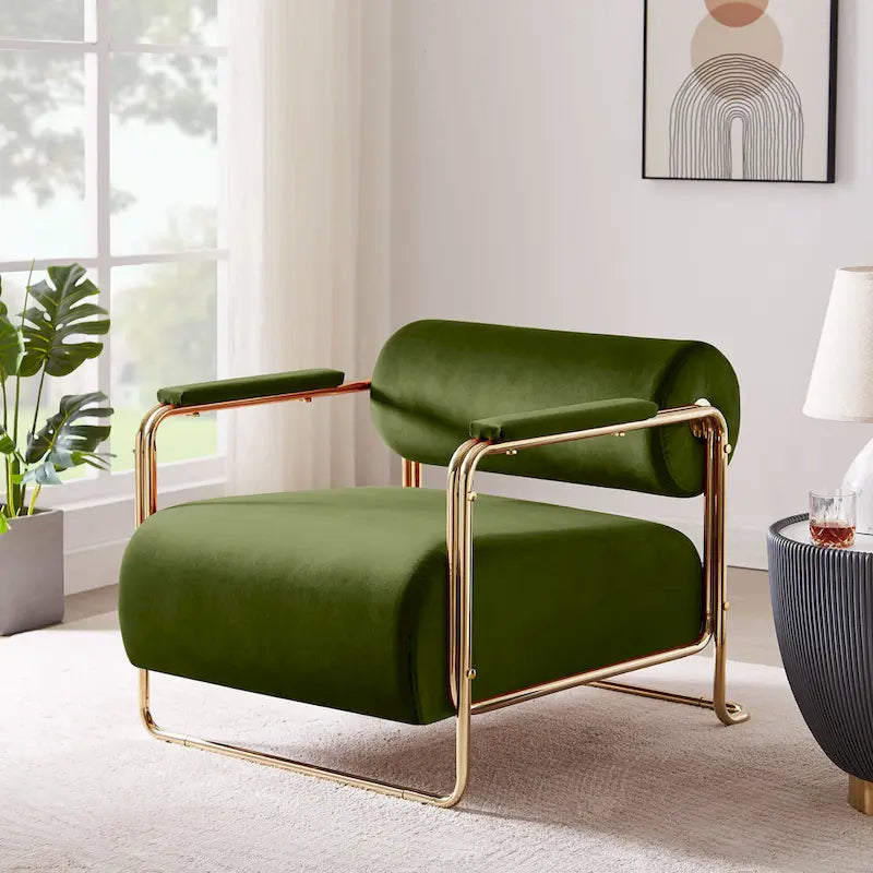 Fauteuil en velours de 79 cm de large avec dossier cylindrique et structure métallique