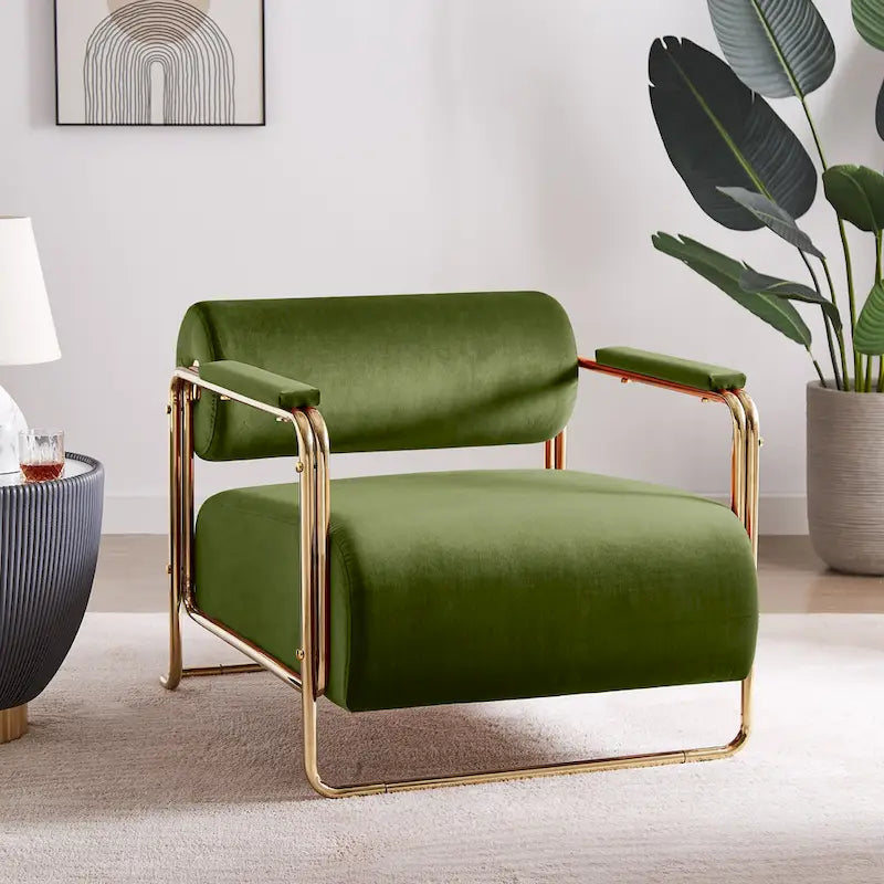 Fauteuil en velours de 79 cm de large avec dossier cylindrique et structure métallique