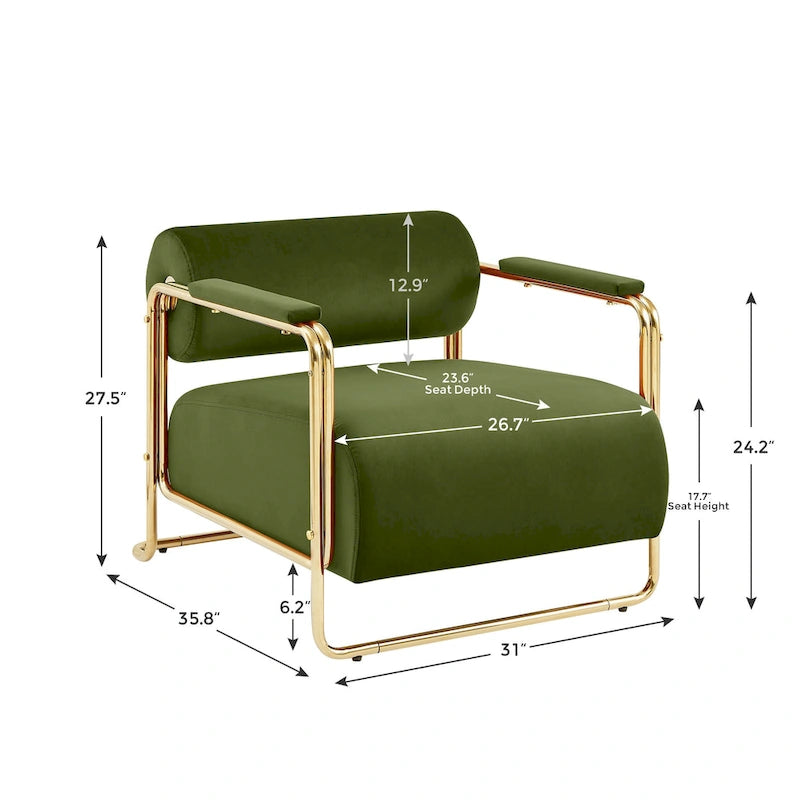 Fauteuil en velours de 79 cm de large avec dossier cylindrique et structure métallique