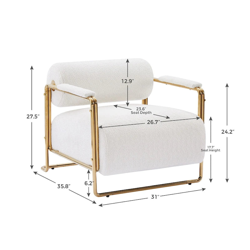 Fauteuil en velours de 79 cm de large avec dossier cylindrique et structure métallique