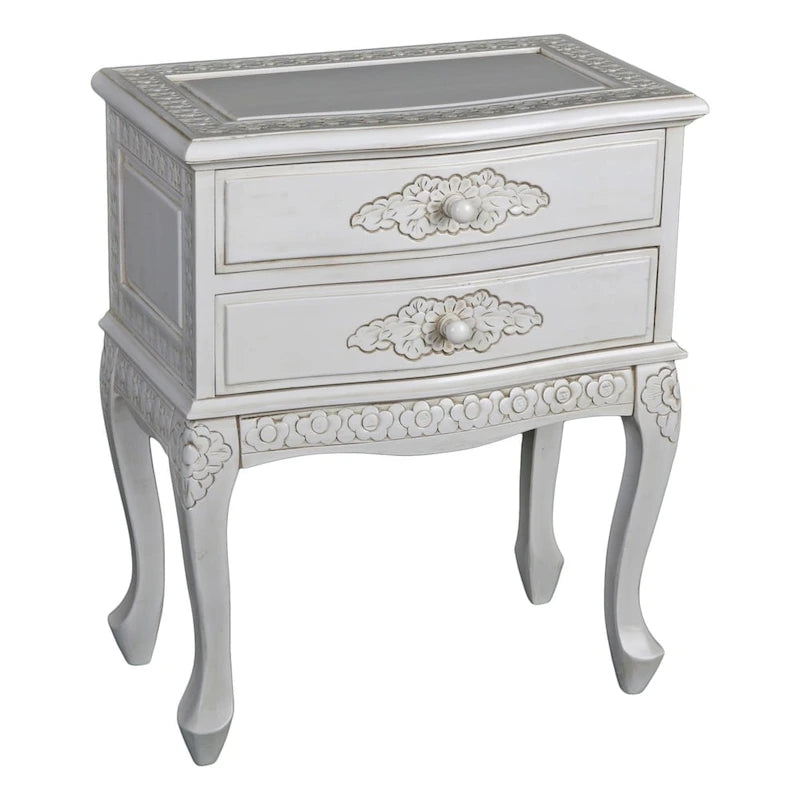 Table de chevet à 2 tiroirs blanc antique