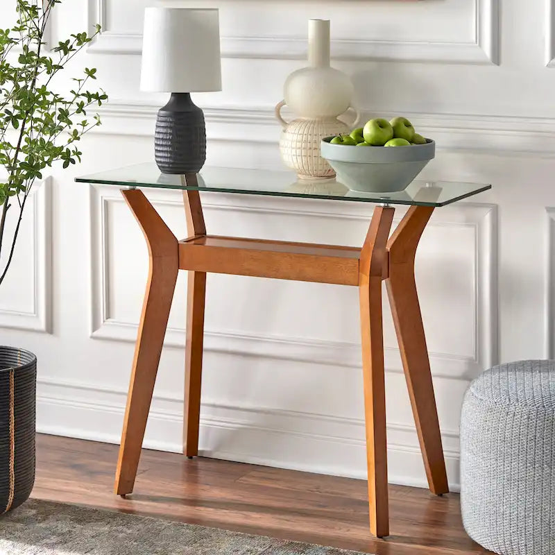 Table d'appoint en noyer avec plateau en verre trempé et étagère inférieure