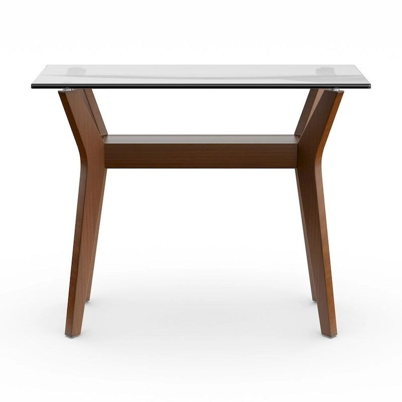 Table d'appoint en noyer avec plateau en verre trempé et étagère inférieure