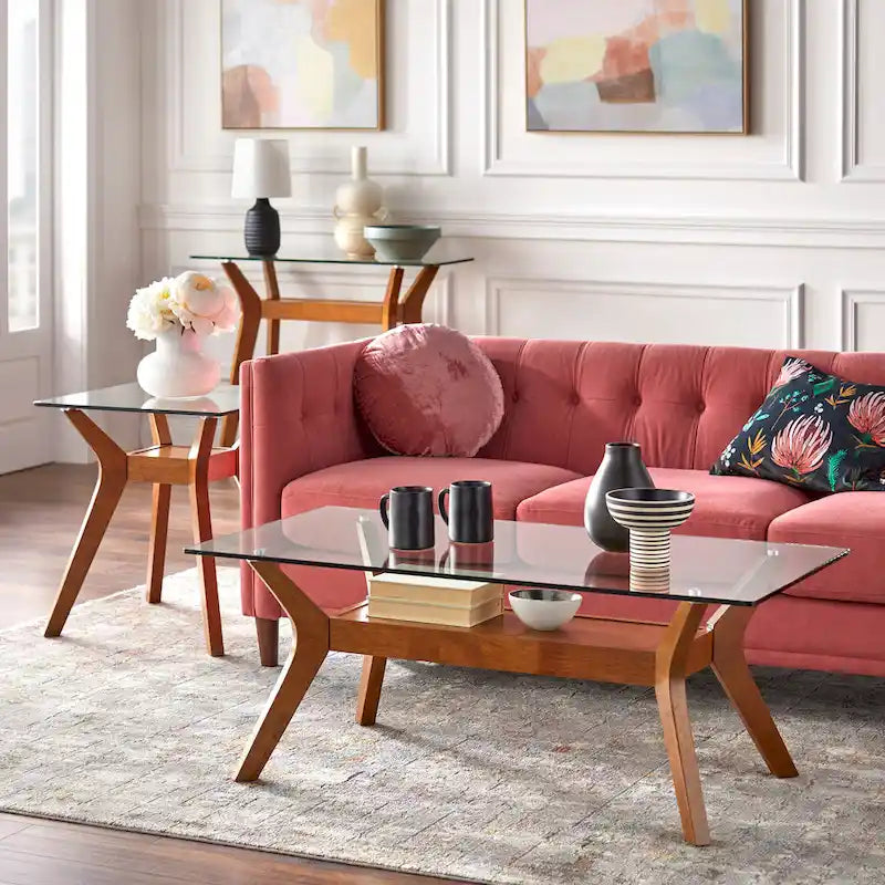 Table d'appoint en noyer avec plateau en verre trempé et étagère inférieure
