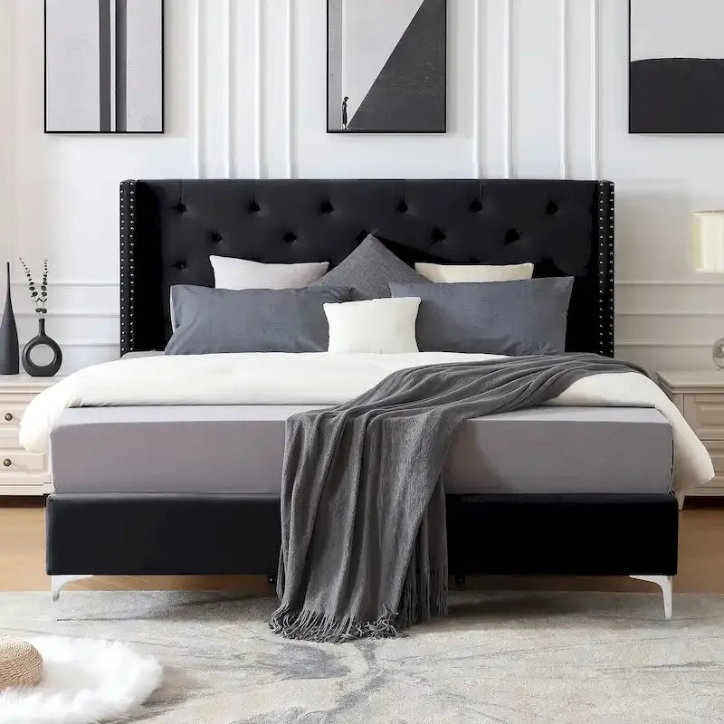 Cadre de lit plateforme rembourré en velours Queen Size avec pieds en métal de 15 cm