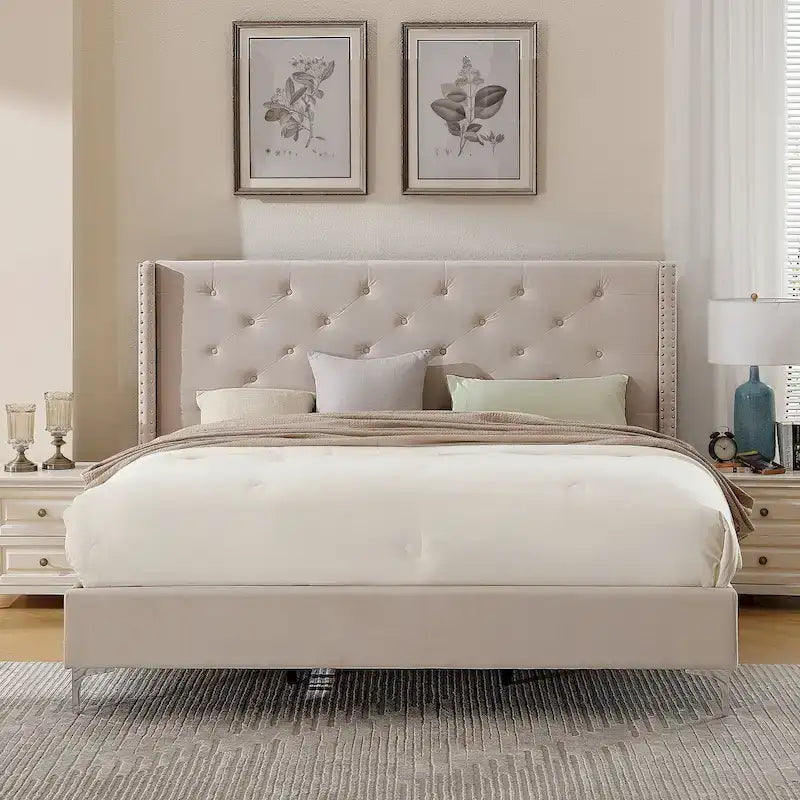 Cadre de lit plateforme rembourré en velours Queen Size avec pieds en métal de 15 cm