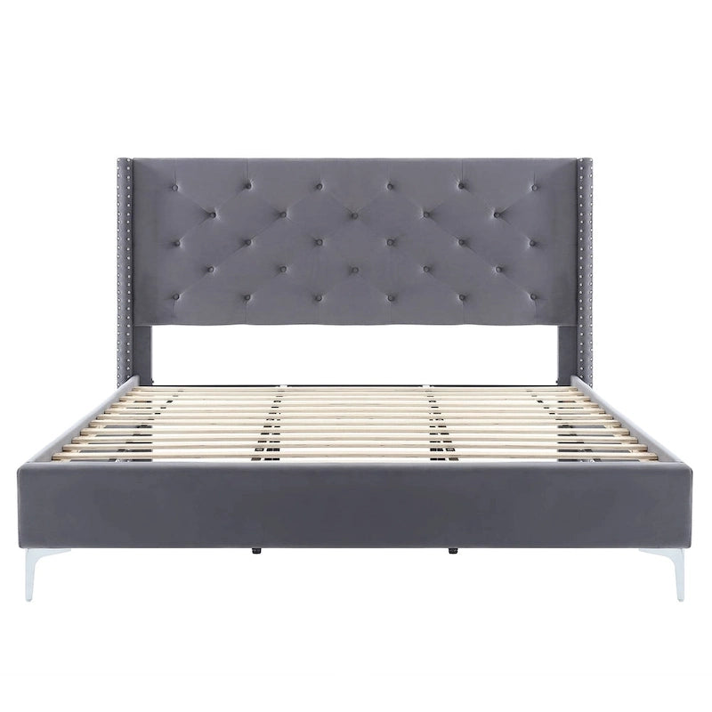 Cadre de lit plateforme rembourré en velours Queen Size avec pieds en métal de 15 cm
