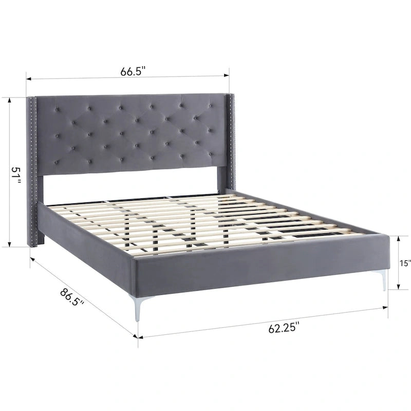 Cadre de lit plateforme rembourré en velours Queen Size avec pieds en métal de 15 cm