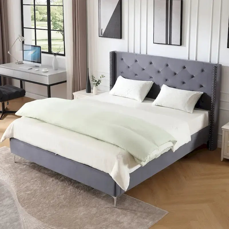 Cadre de lit plateforme rembourré en velours Queen Size avec pieds en métal de 15 cm