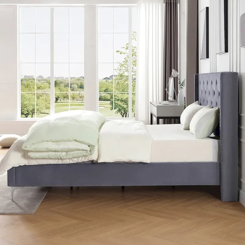 Cadre de lit plateforme rembourré en velours Queen Size avec pieds en métal de 15 cm
