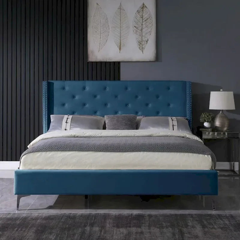 Cadre de lit plateforme rembourré en velours Queen Size avec pieds en métal de 15 cm